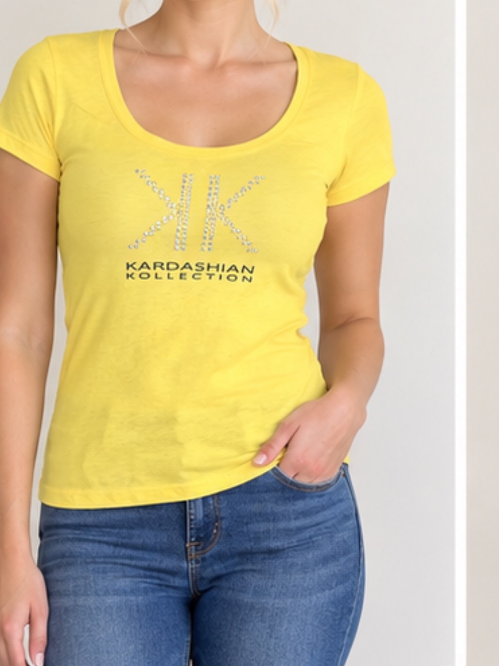 Kardashian Kollection Yellow Logo Scoop Neck Tee